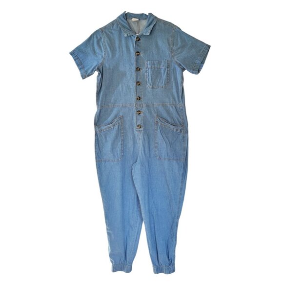 Denim Jumpsuit Juniors XL Button Front Elastic Cuffs No Boundaries Pockets Short - Picture 2 of 8